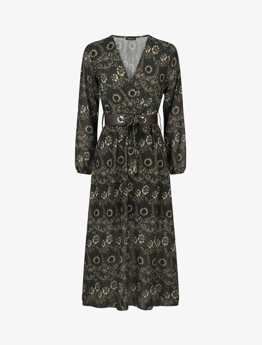 Robe longue empire imprimé fleurs baroques - Vert foncé
