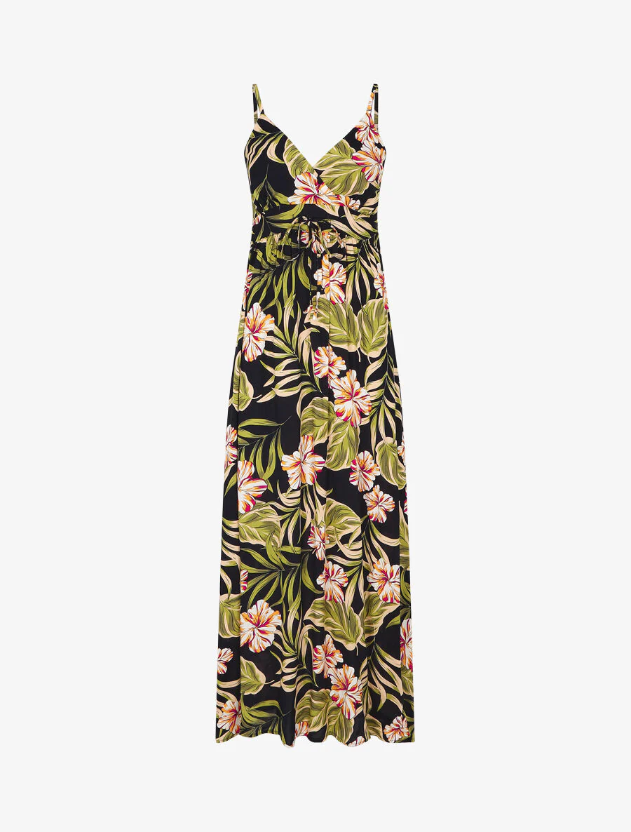 Robe longue empire imprimé fleurs des îles - Bleu nuit