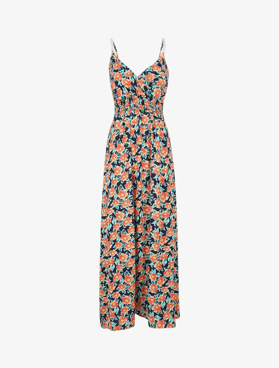 Robe longue empire imprimé fleurs tropicales à bretelles à perles - Marine