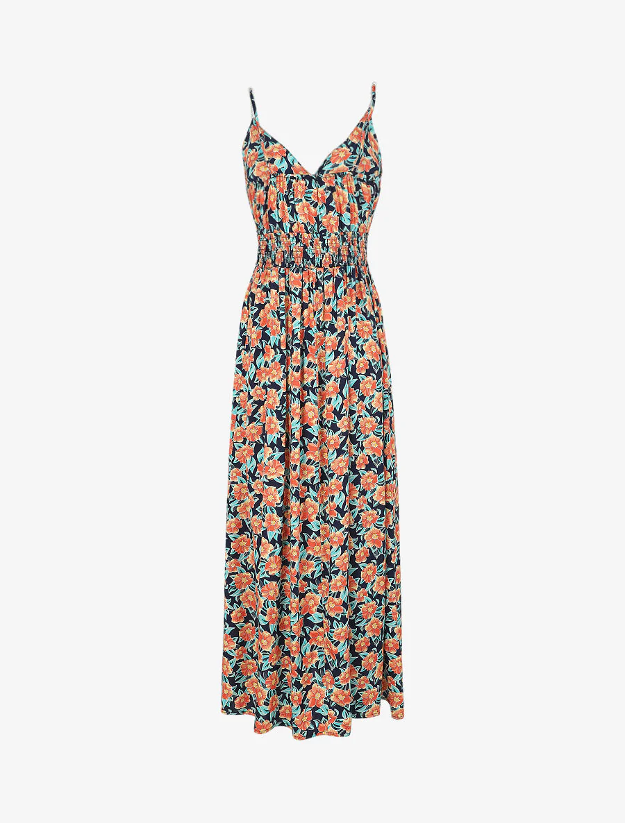 Robe longue empire imprimé fleurs tropicales à bretelles à perles - Marine - Image 2