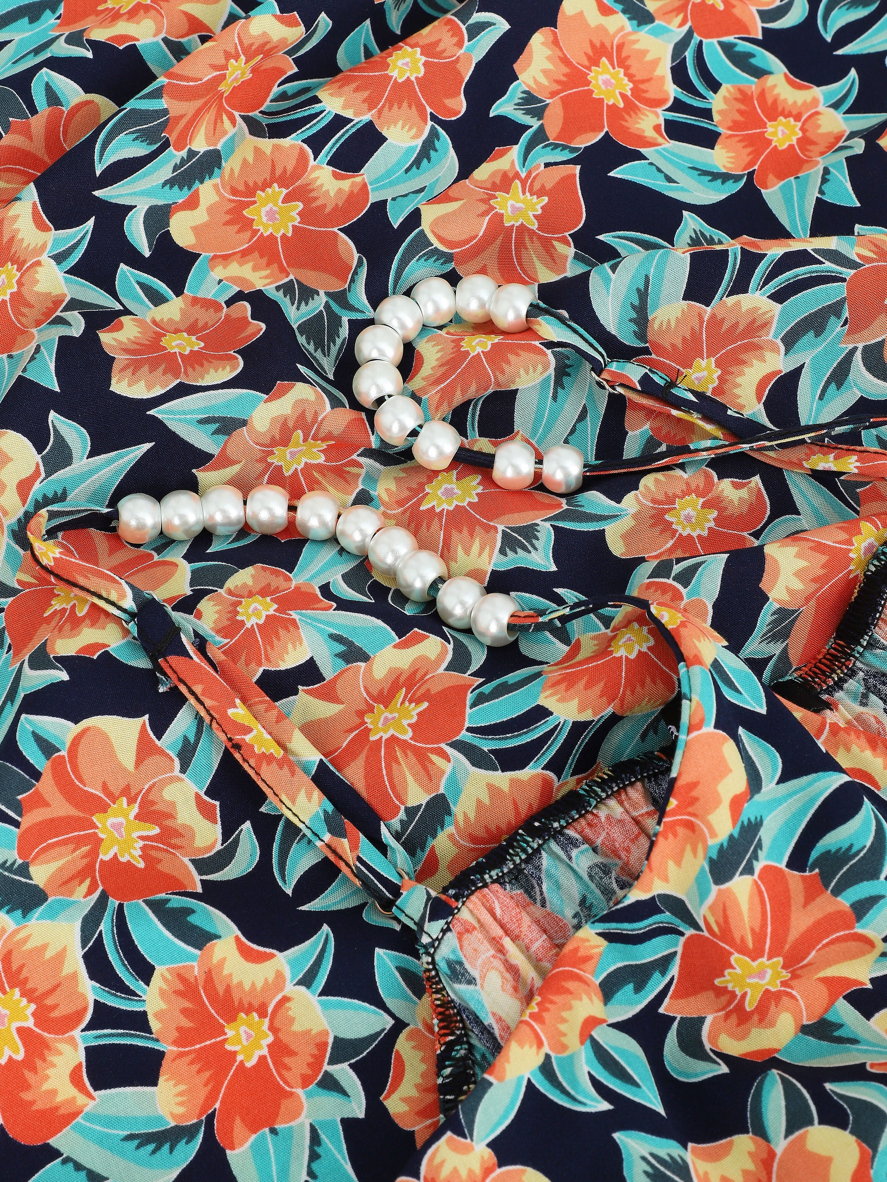 Robe longue empire imprimé fleurs tropicales à bretelles à perles - Marine - Image 3