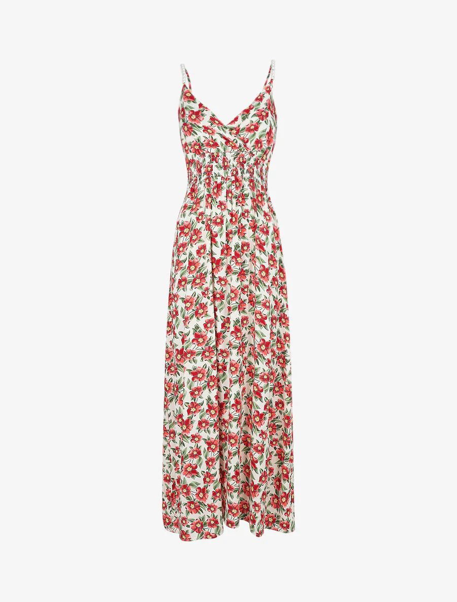 Robe longue empire imprimé fleurs tropicales à bretelles à perles - Blanc