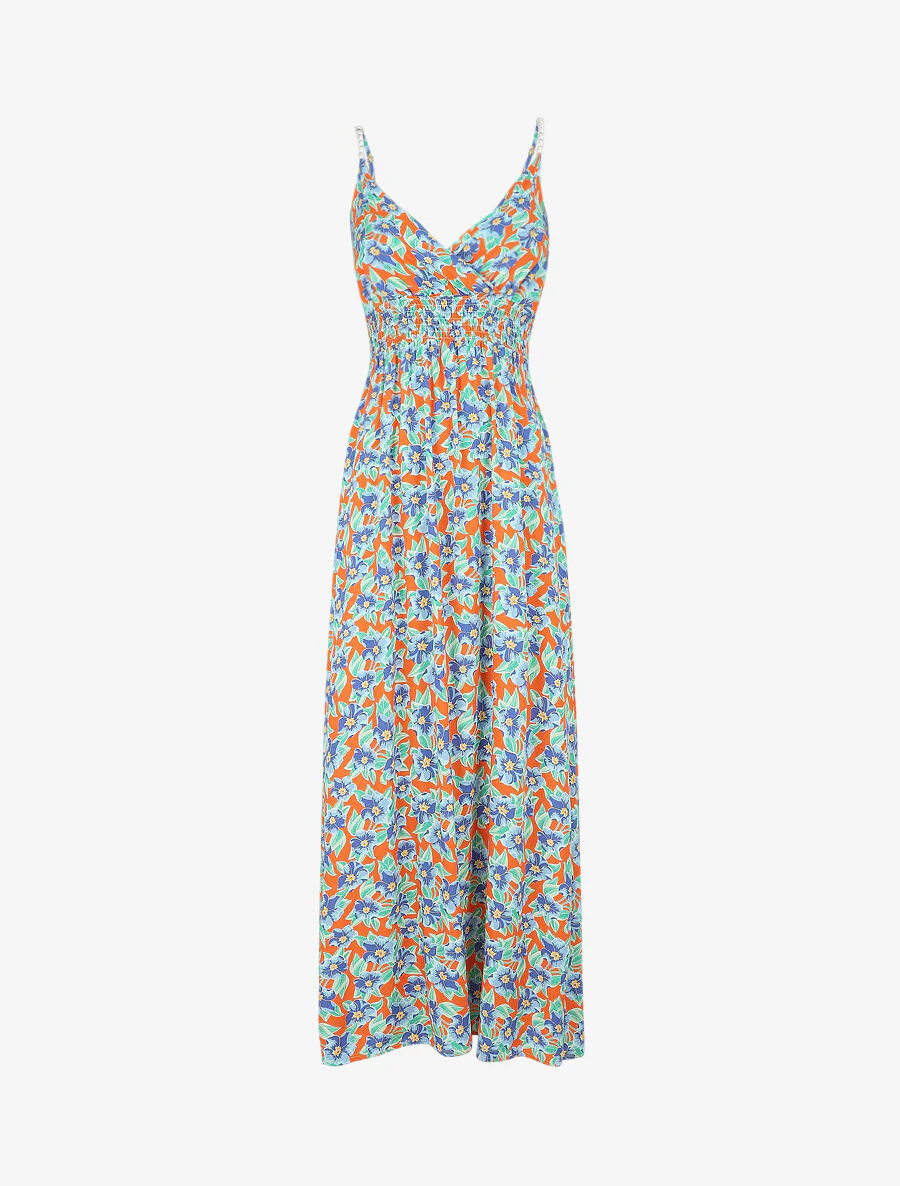 Robe longue empire imprimé fleurs tropicales à bretelles à perles - Orange