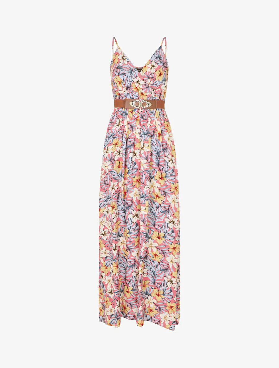Robe longue empire imprimé floral - Rose saumon