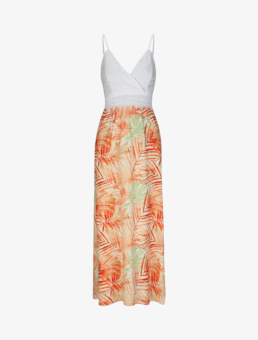 Robe longue empire imprimé plantes tropicales et buste dentelle - Jaune