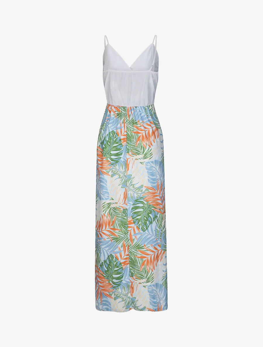 Robe longue empire imprimé plantes tropicales et buste dentelle - Bleu ciel - Image 2