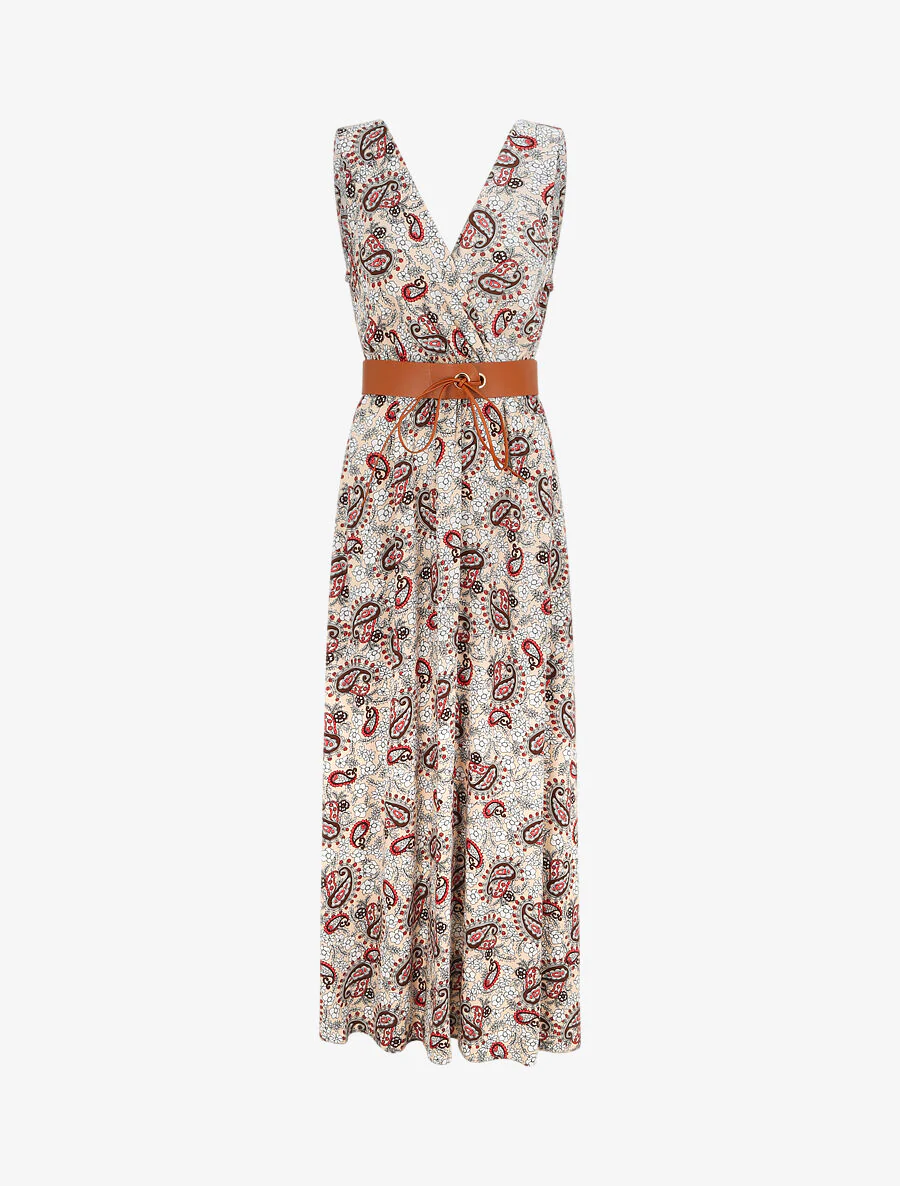 Robe longue empire sans manches imprimé cachemire - Beige