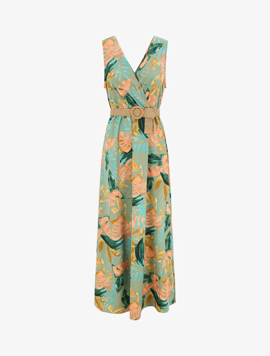 Robe longue empire sans manches imprimé tropical - Vert olive