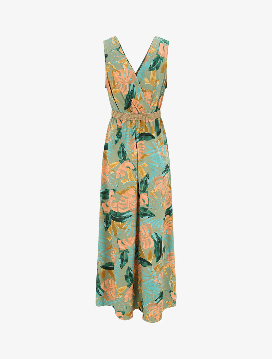 Robe longue empire sans manches imprimé tropical - Vert olive - Image 2