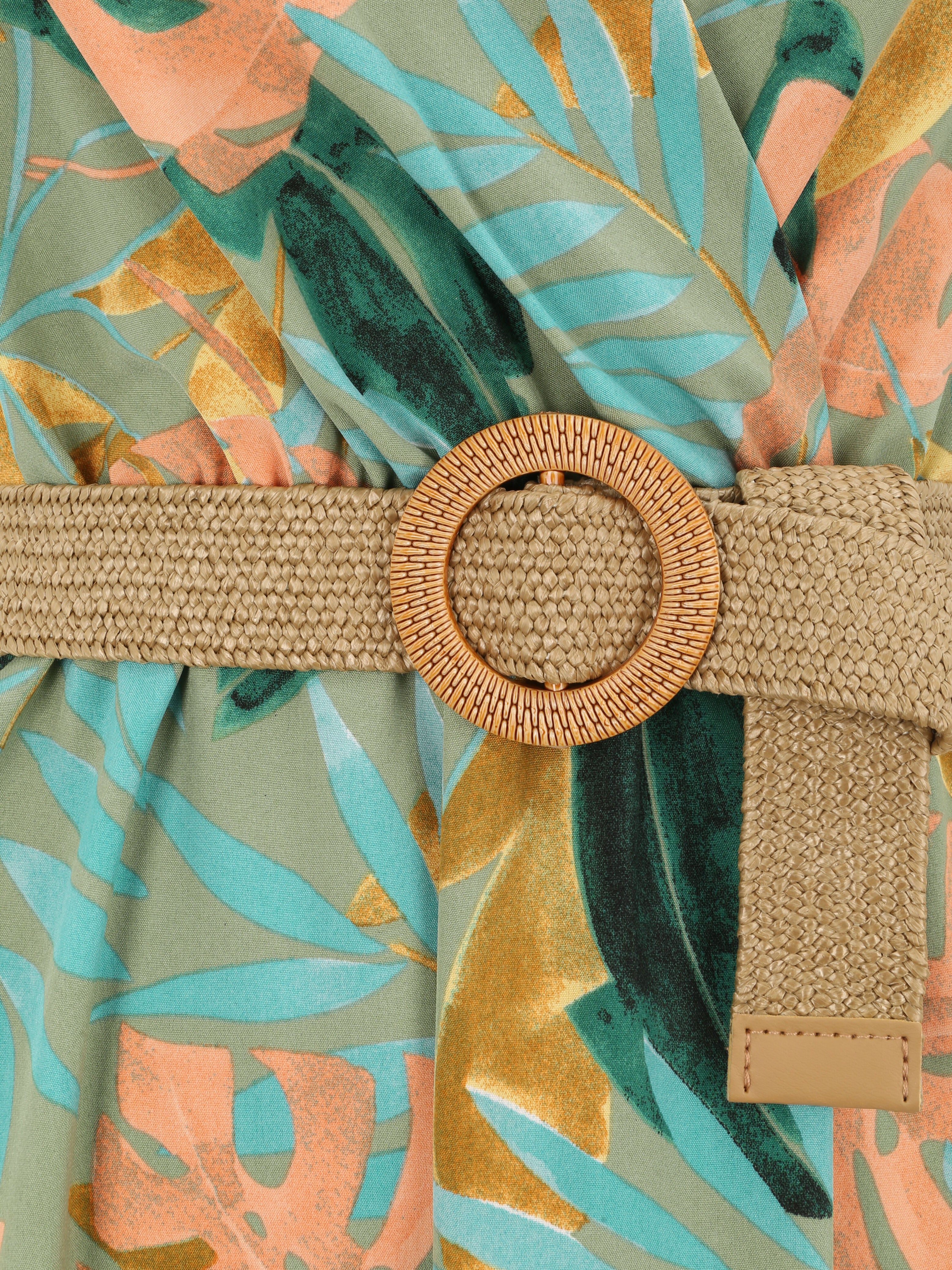 Robe longue empire sans manches imprimé tropical - Vert olive - Image 3