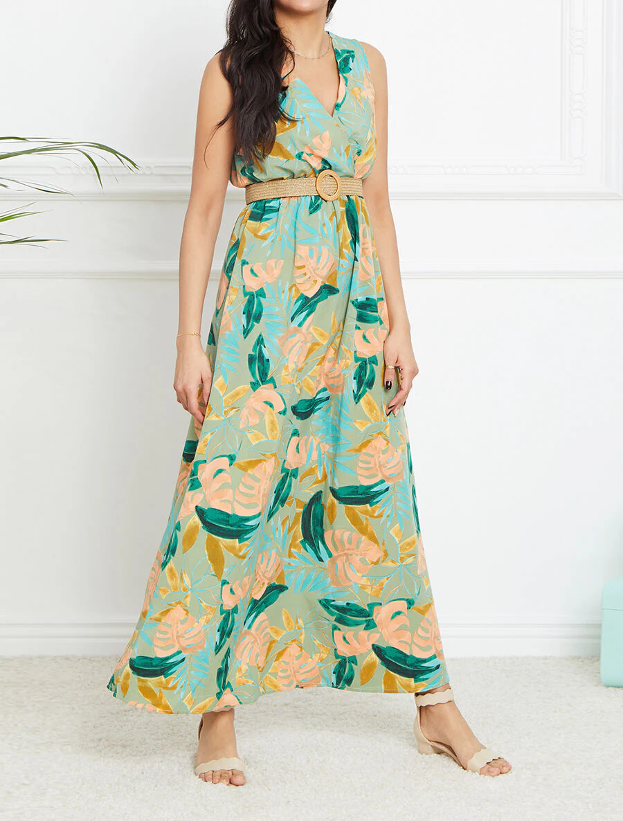 Robe longue empire sans manches imprimé tropical - Vert olive - Image 4