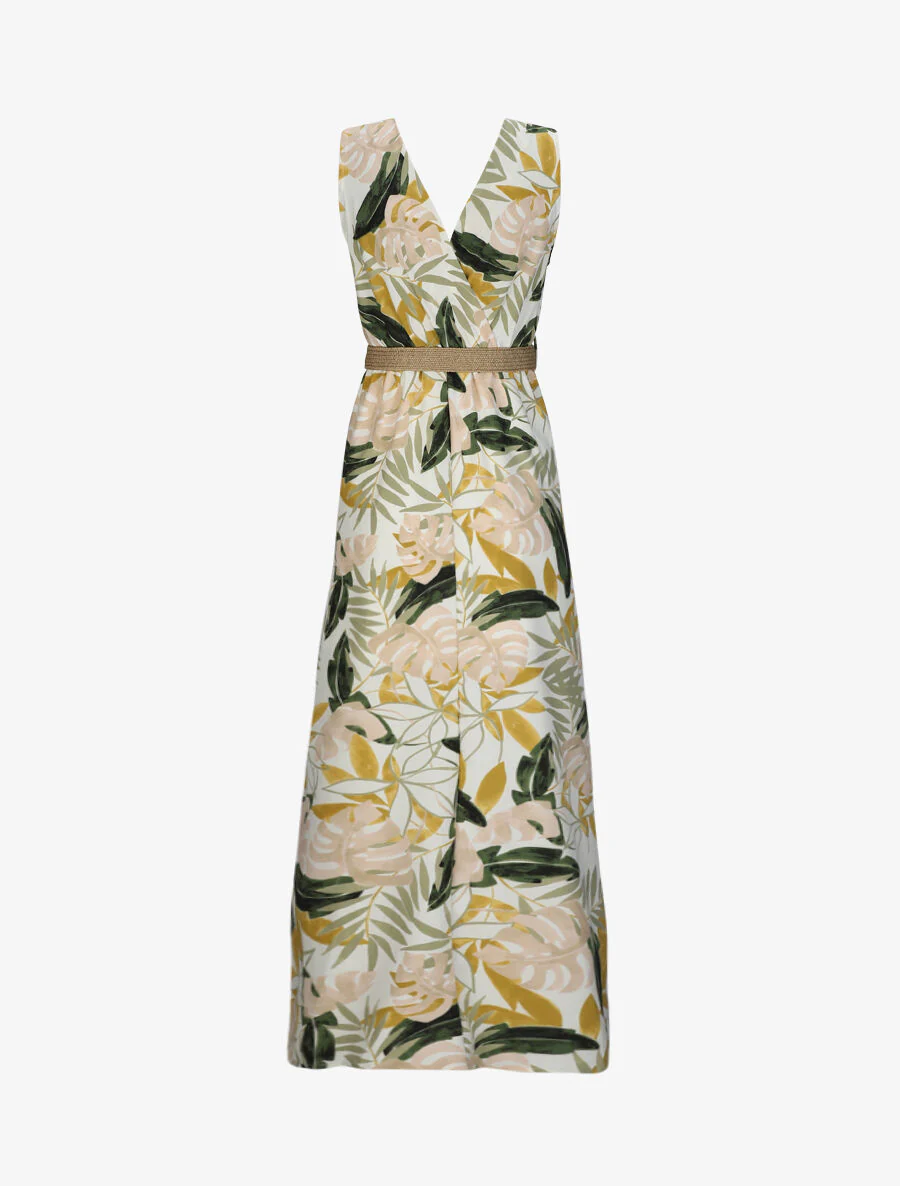 Robe longue empire sans manches imprimé tropical - Écru - Image 2