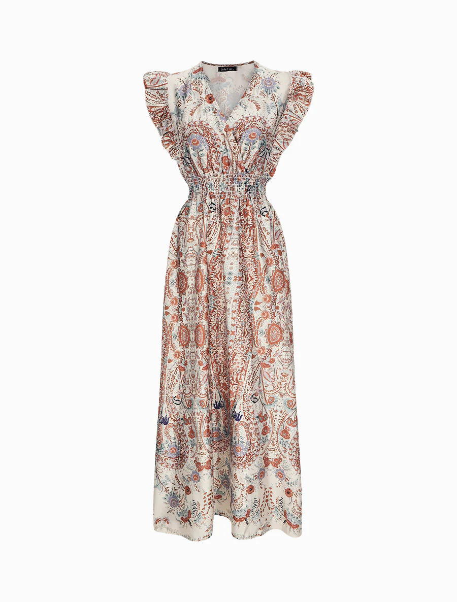 Robe longue empire satinée imprimé cachemire stylisé - Beige