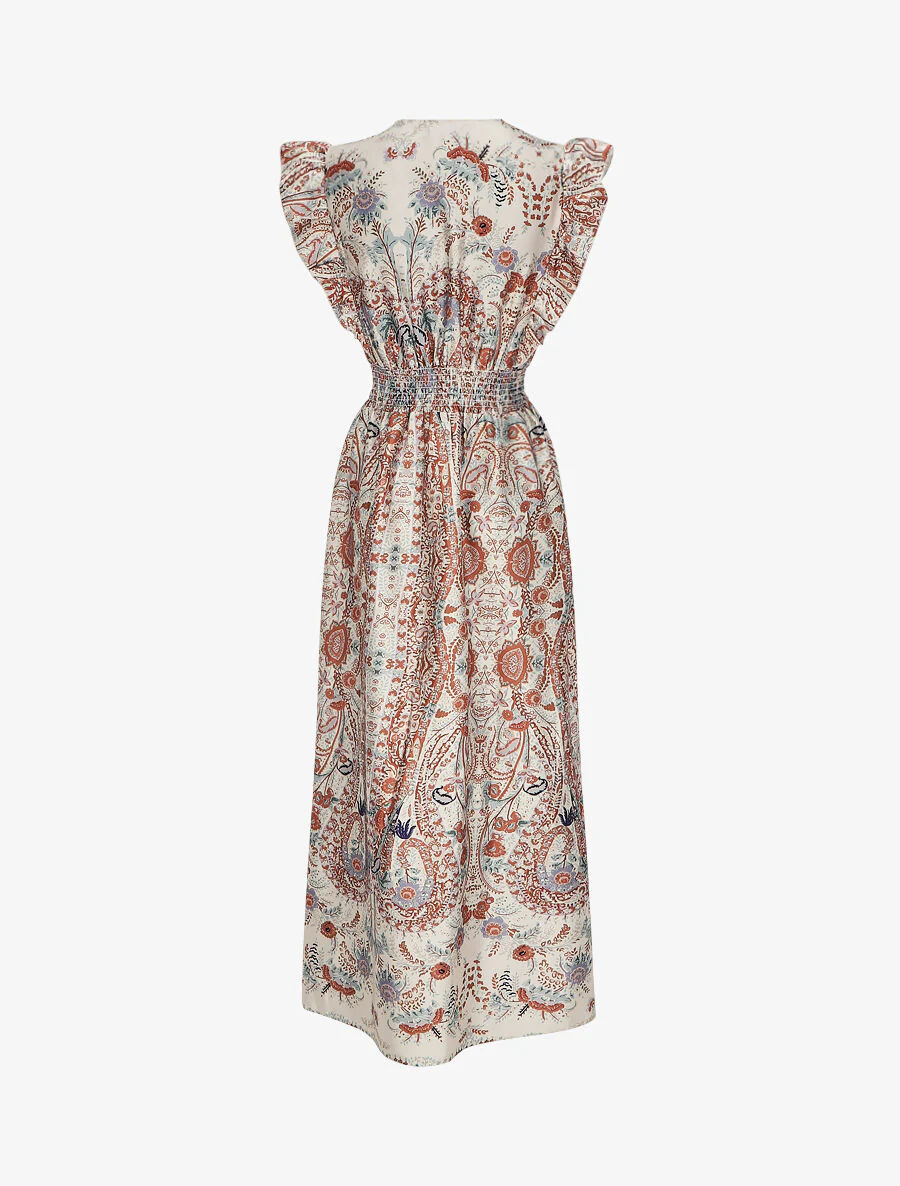 Robe longue empire satinée imprimé cachemire stylisé - Beige - Image 2
