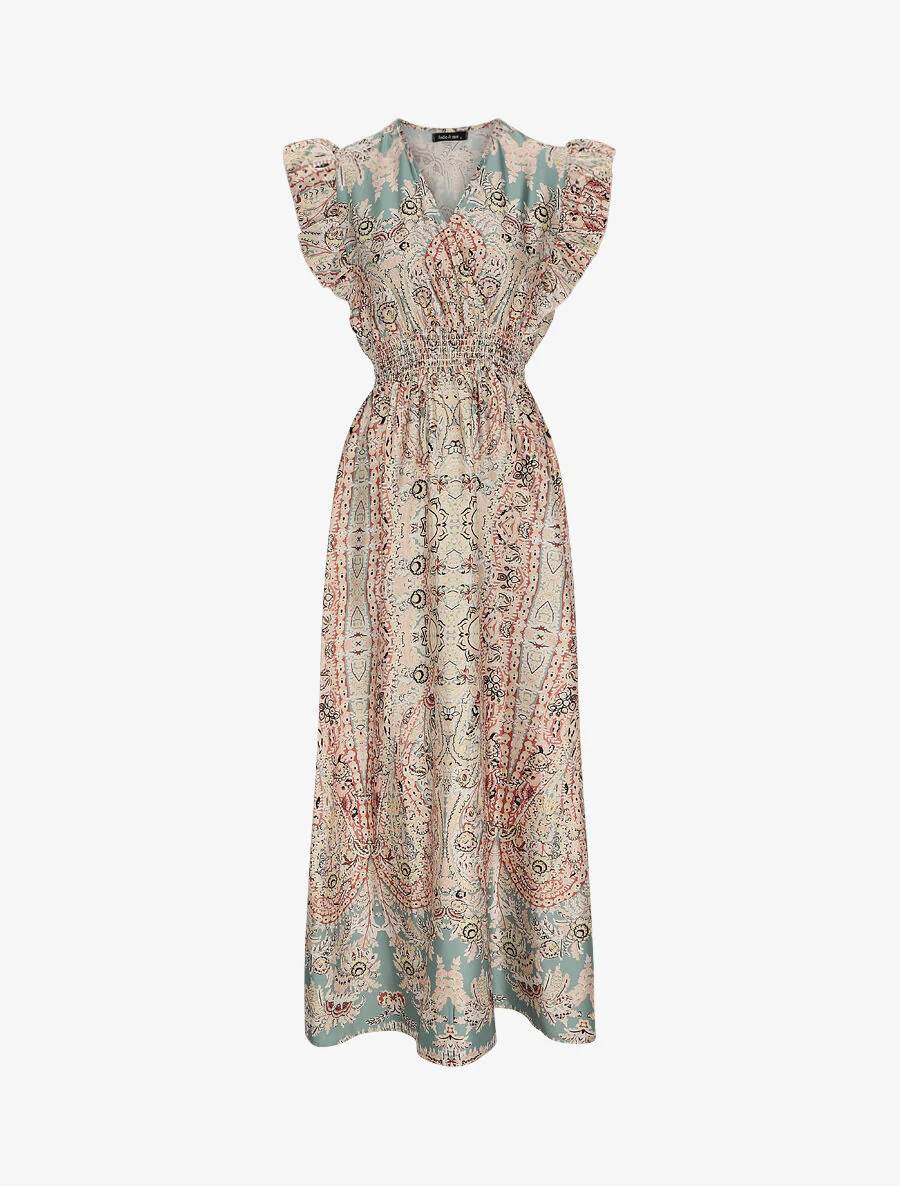 Robe longue empire satinée imprimé cachemire stylisé - Vert d'eau