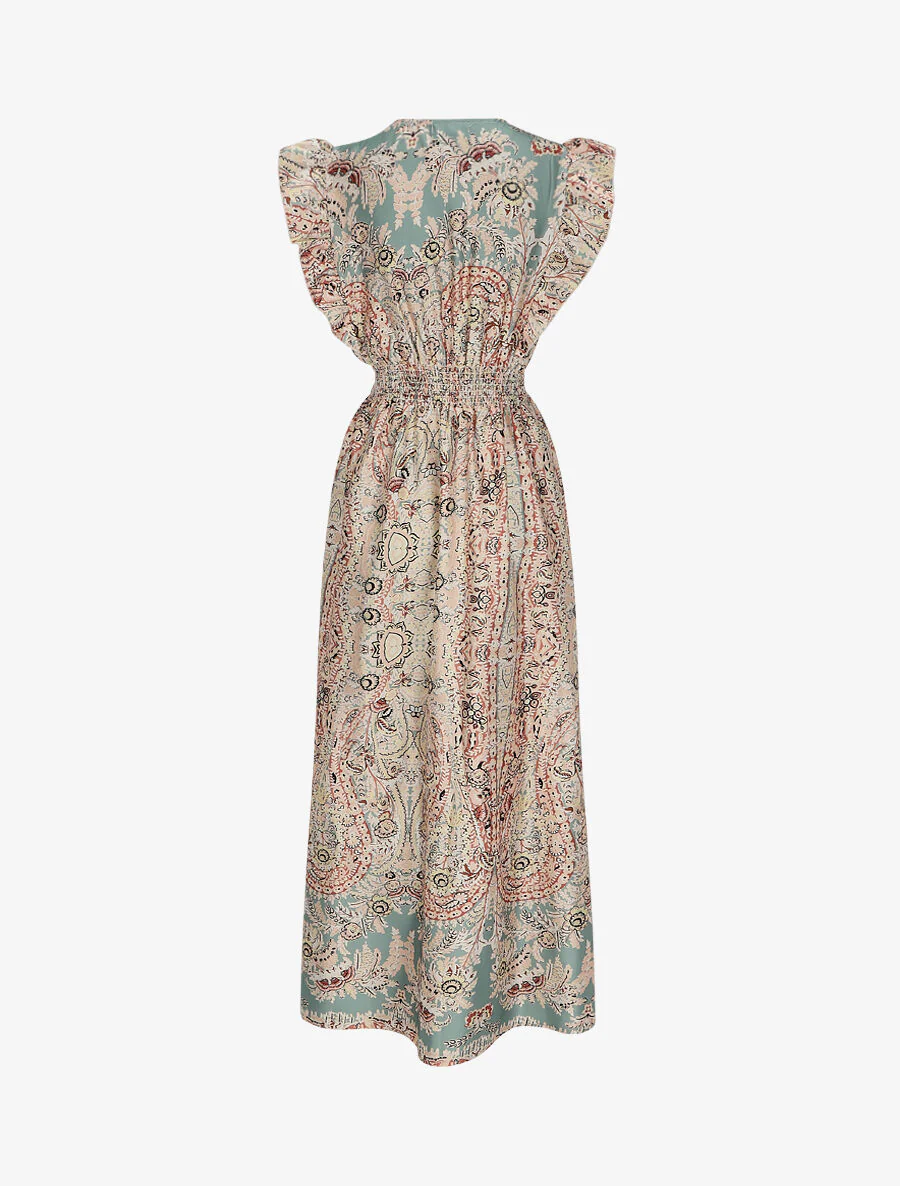 Robe longue empire satinée imprimé cachemire stylisé - Vert d'eau - Image 2