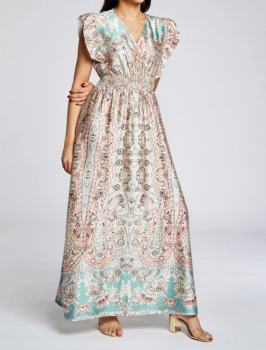 Robe longue empire satinée imprimé cachemire stylisé - Vert d'eau - Image 4