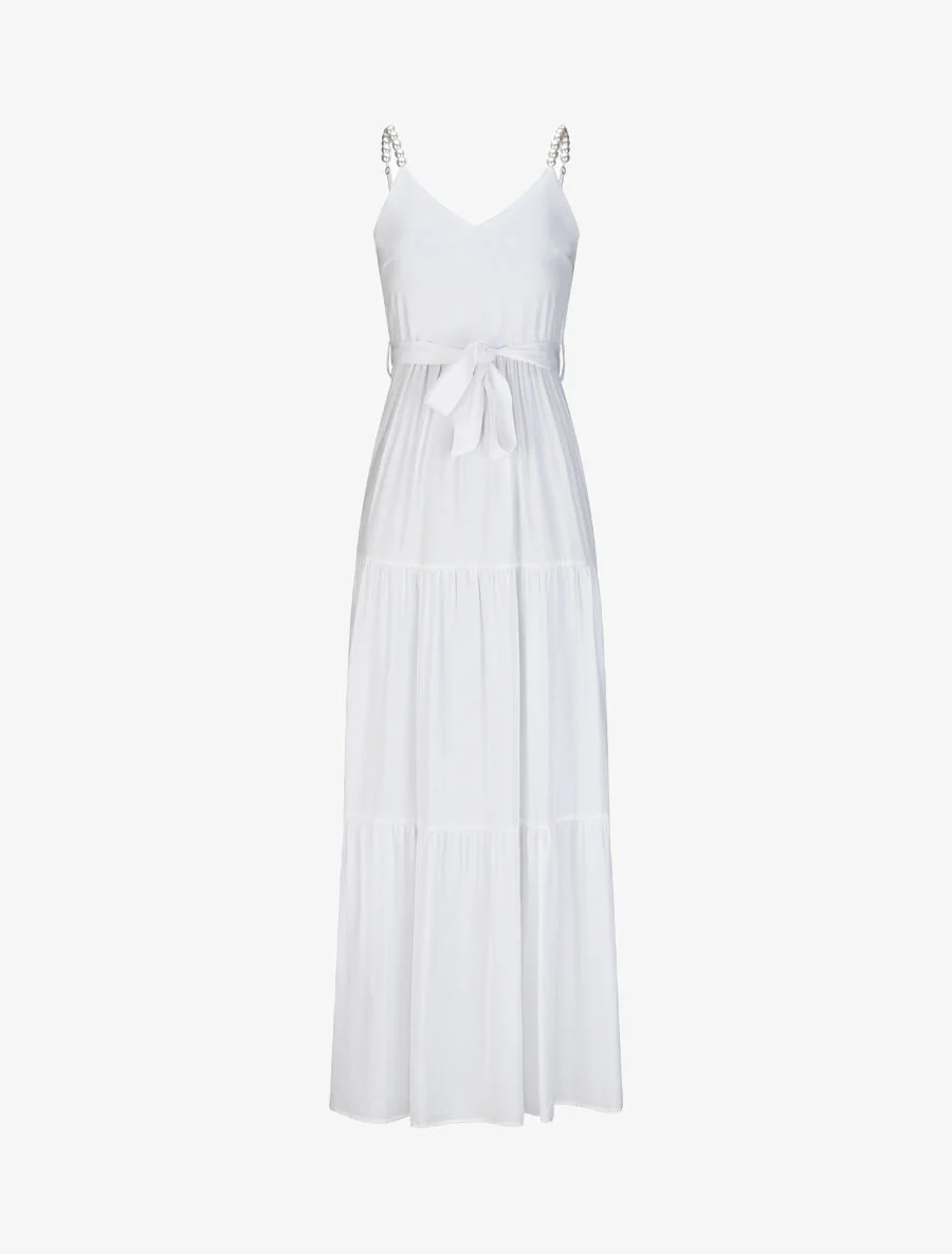 Robe longue empire unie à bretelles à perles - Blanc
