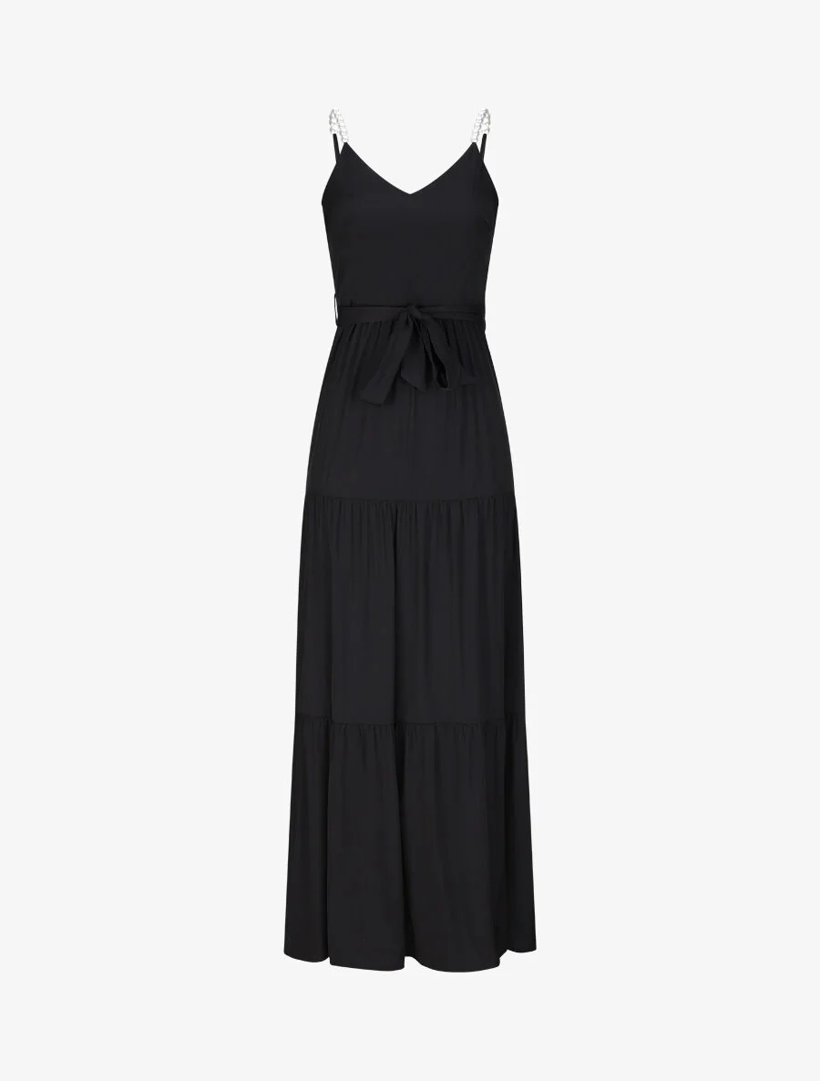 Robe longue empire unie à bretelles à perles - Noir