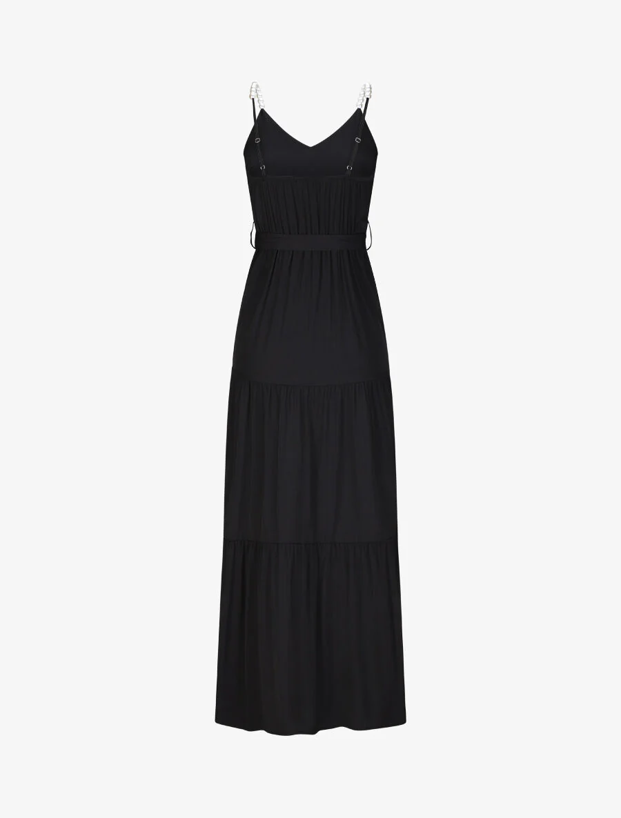 Robe longue empire unie à bretelles à perles - Noir - Image 2