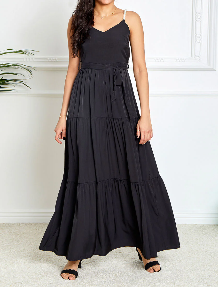 Robe longue empire unie à bretelles à perles - Noir - Image 4
