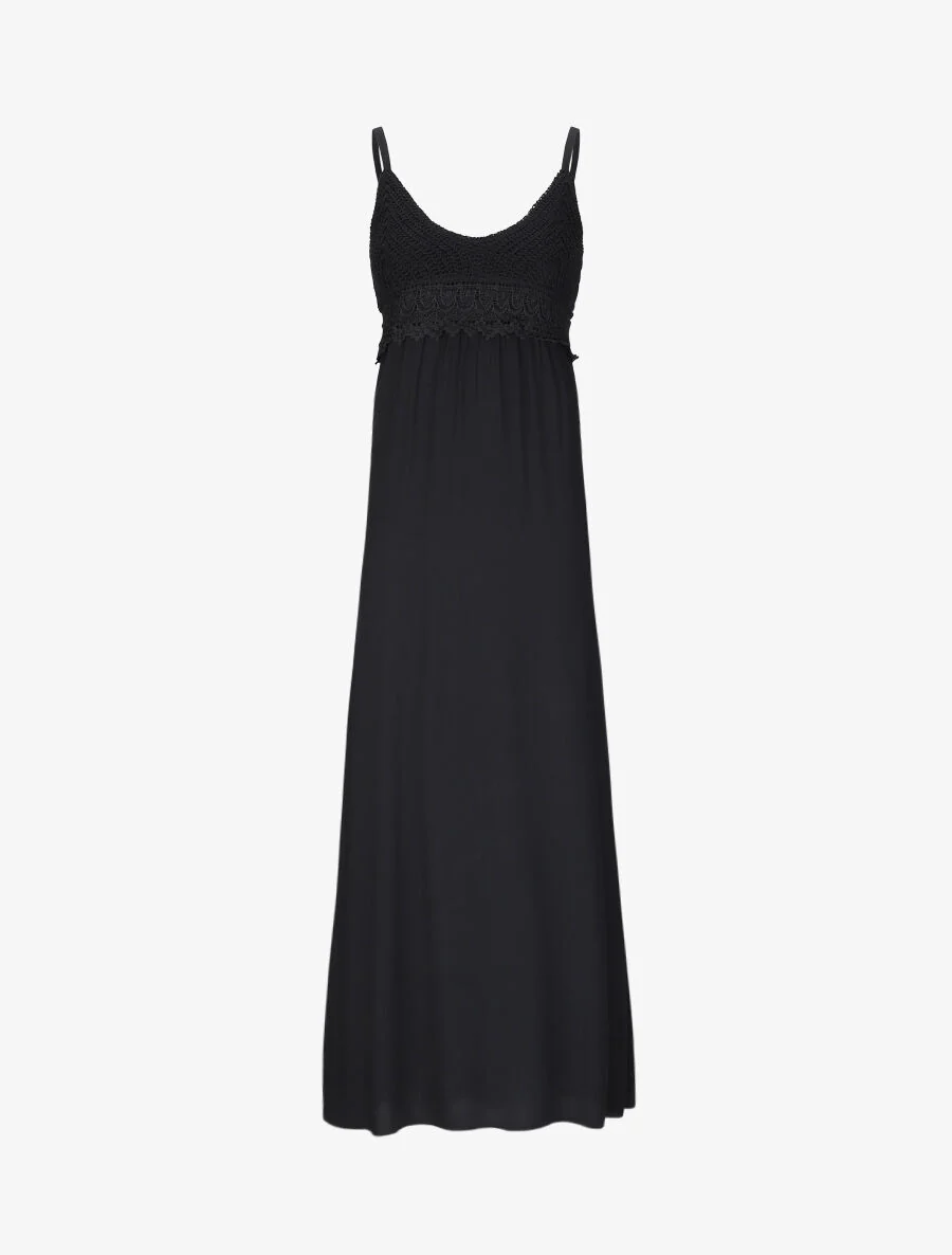 Robe longue empire unie à buste en crochet - Noir