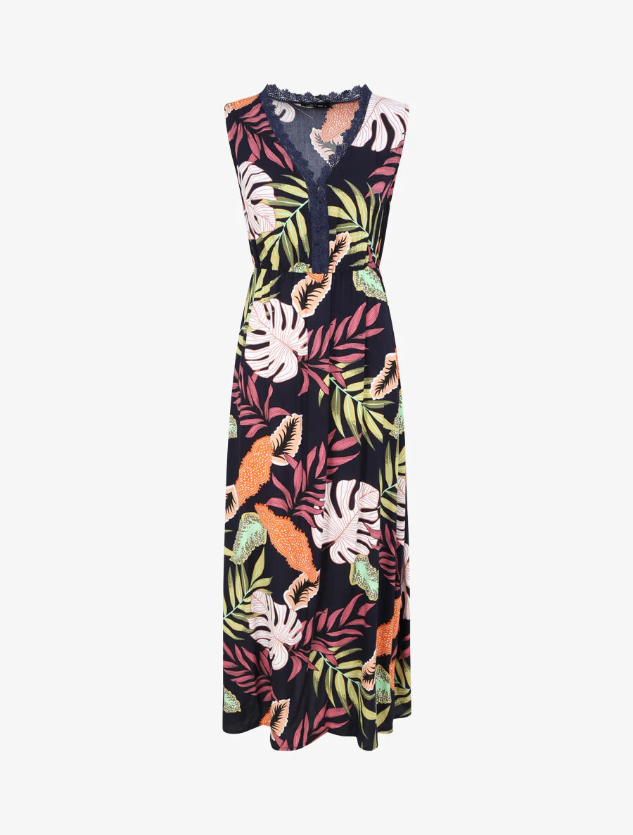 Robe longue en coton imprimé fleurs tropicales - Marine