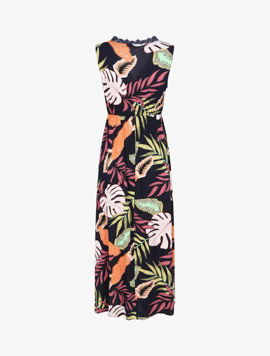 Robe longue en coton imprimé fleurs tropicales - Marine - Image 2