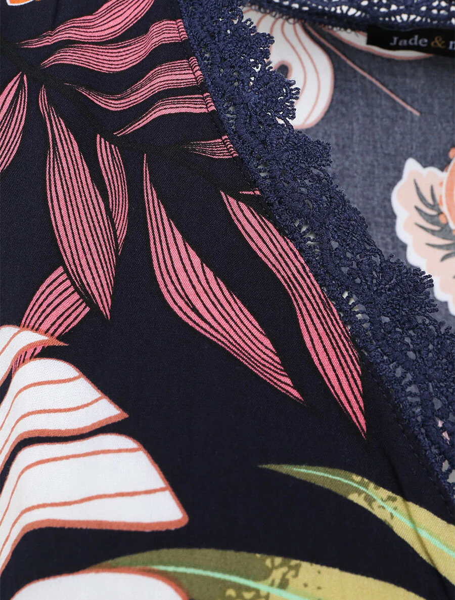 Robe longue en coton imprimé fleurs tropicales - Marine - Image 3