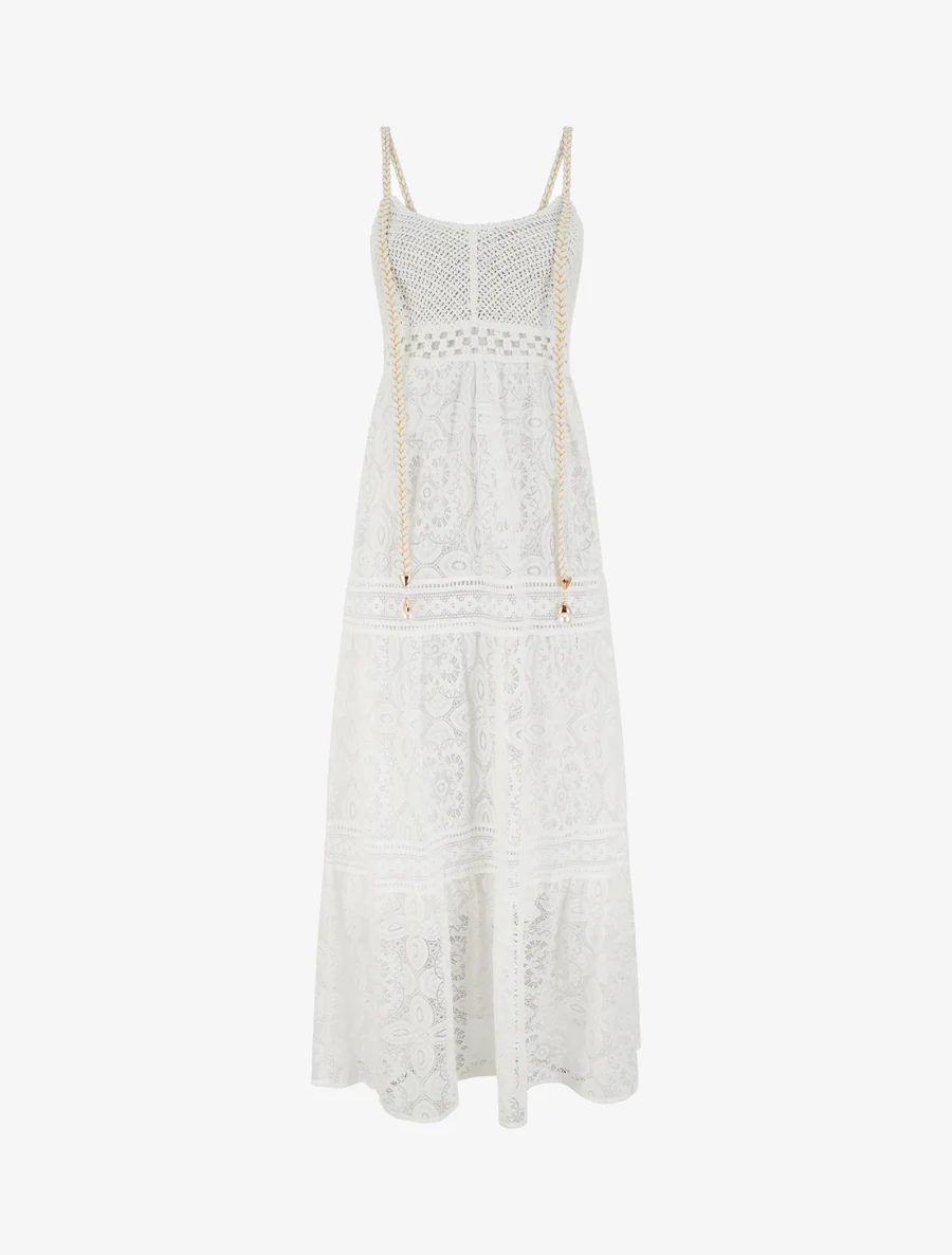 Robe longue en dentelle à bretelles tressées - Blanc