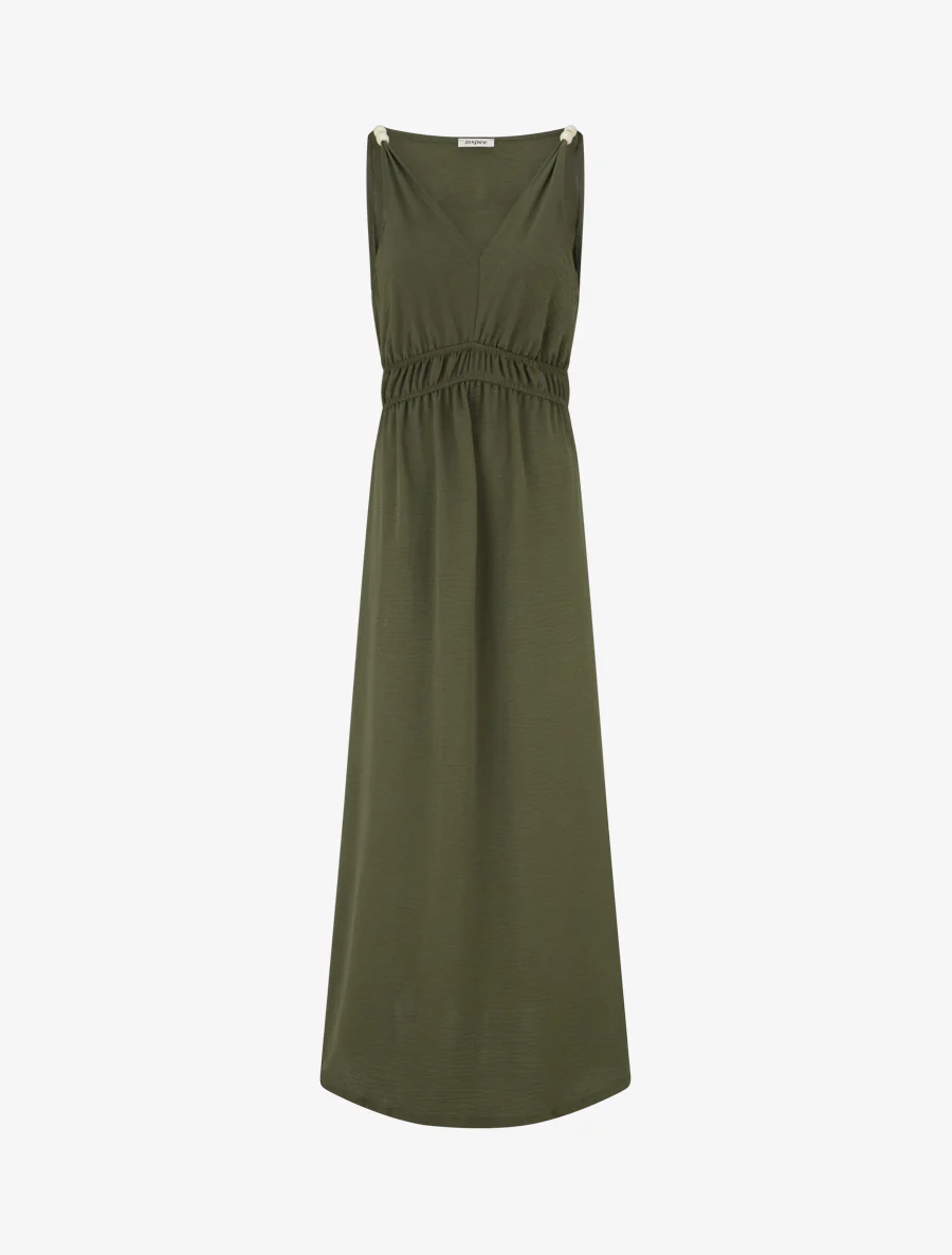 Robe longue évasée à bretelles perlées - Kaki