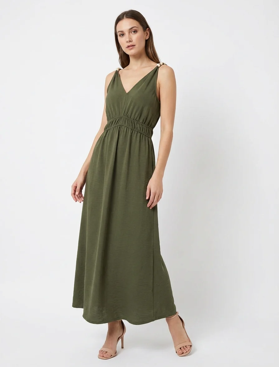 Robe longue évasée à bretelles perlées - Kaki - Image 4