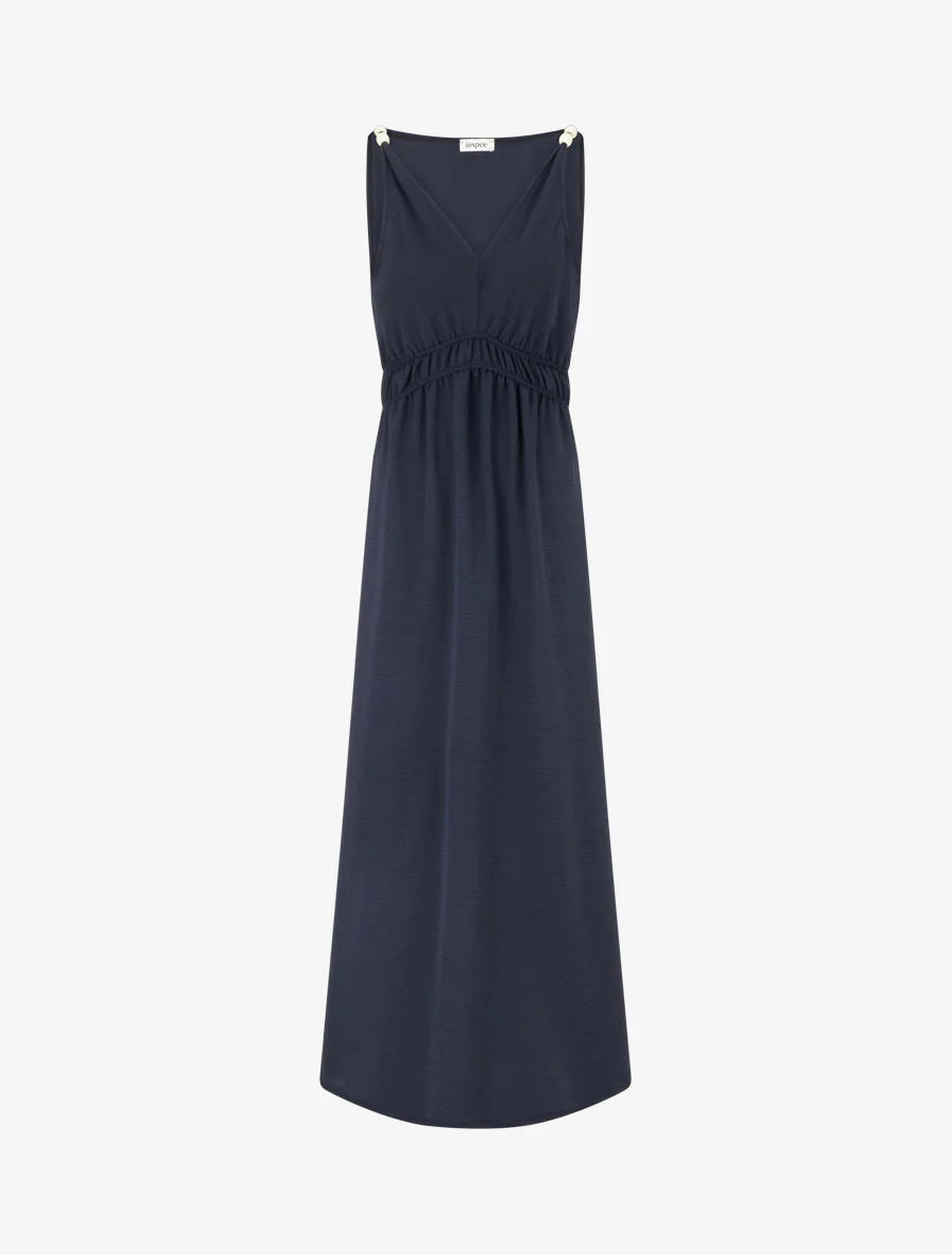 Robe longue évasée à bretelles perlées - Marine