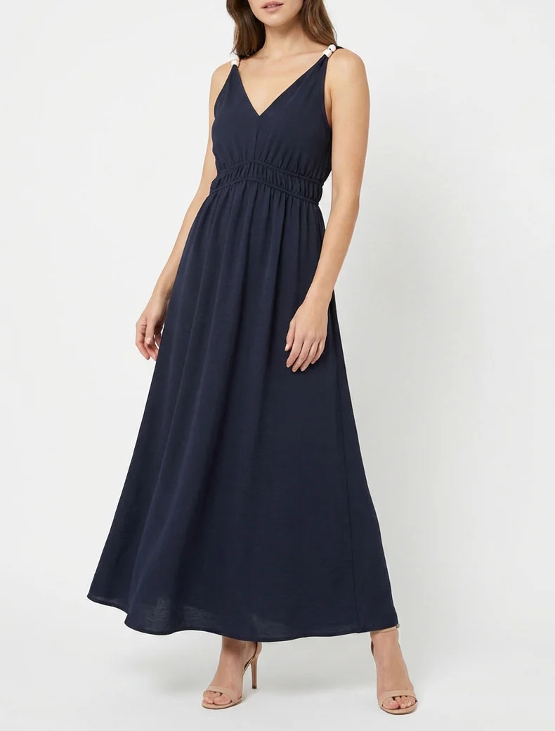 Robe longue évasée à bretelles perlées - Marine - Image 4