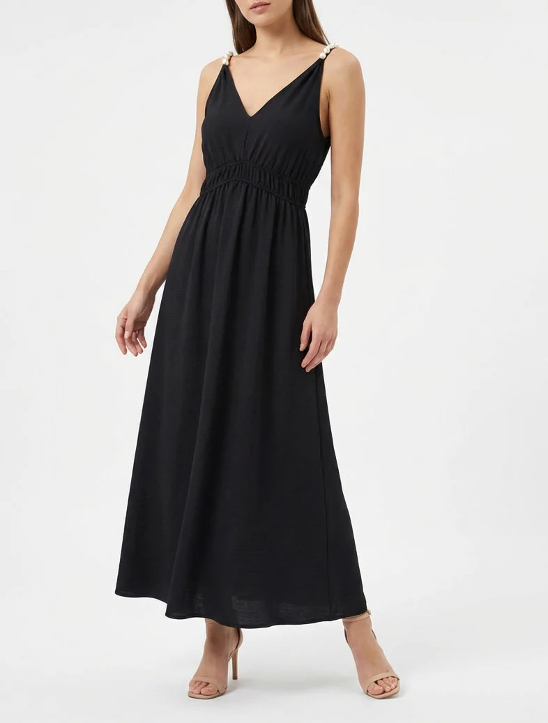 Robe longue évasée à bretelles perlées - Noir - Image 4