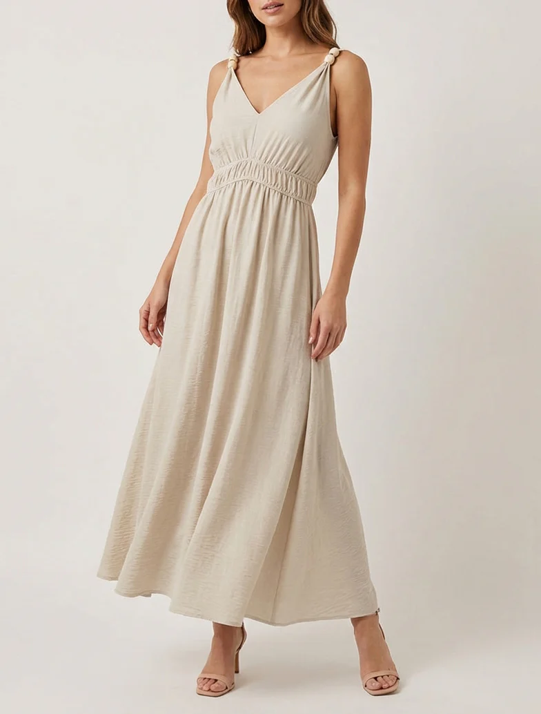 Robe longue évasée à bretelles perlées - Beige - Image 4