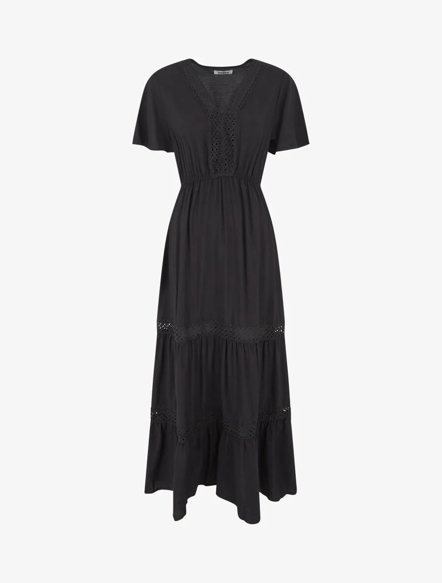 Robe longue évasée à empiècements en dentelle ajourée - Noir