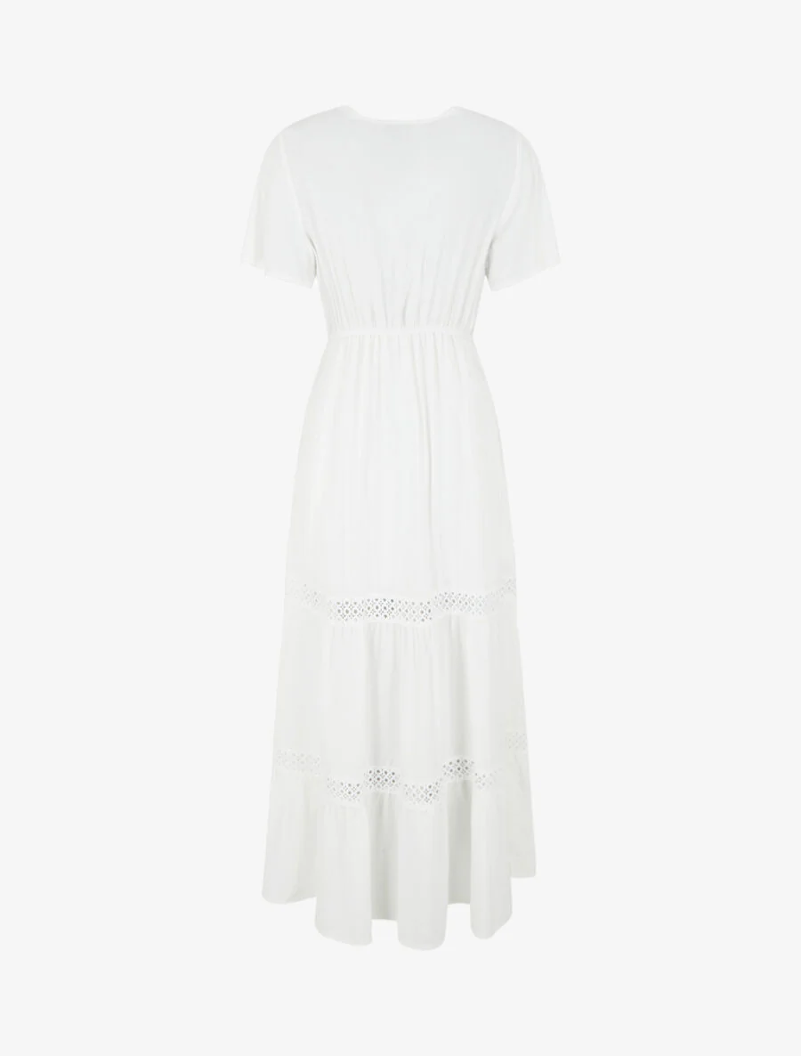 Robe longue évasée à empiècements en dentelle ajourée - Blanc - Image 2
