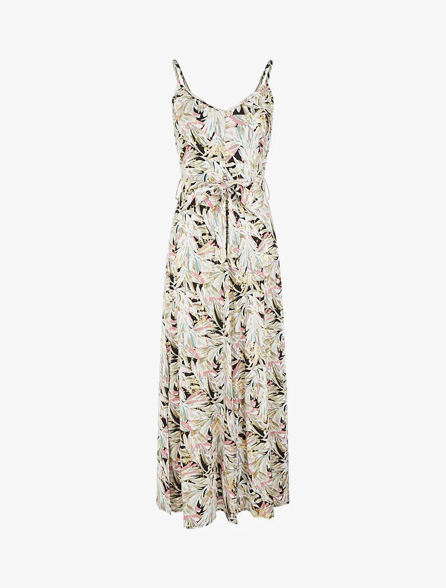 Robe longue évasée à fines bretelles imprimé tropical - Noir/kaki - Image 2