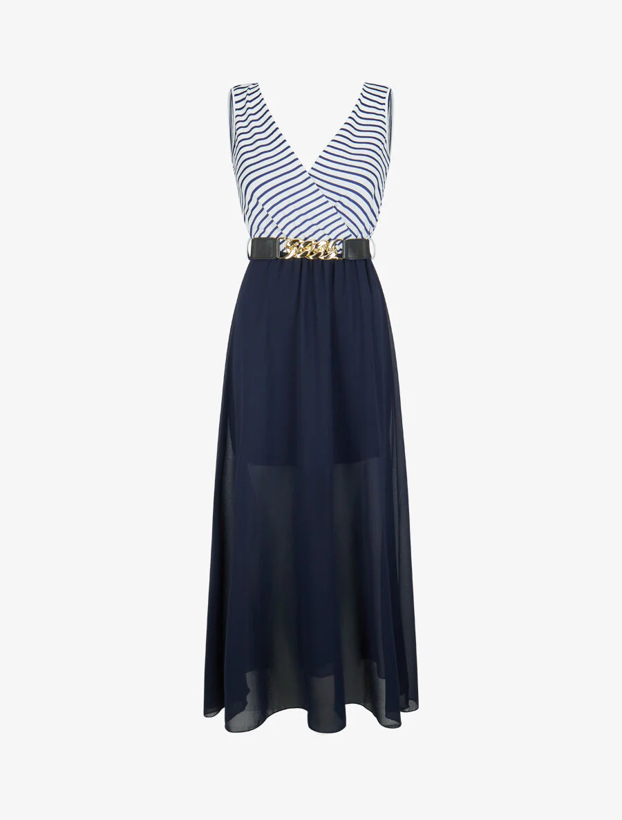 Robe longue évasée à rayures - Marine