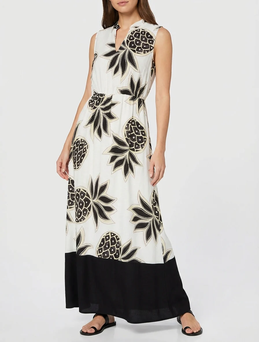 Robe longue évasée imprimé ananas - Noir - Image 4