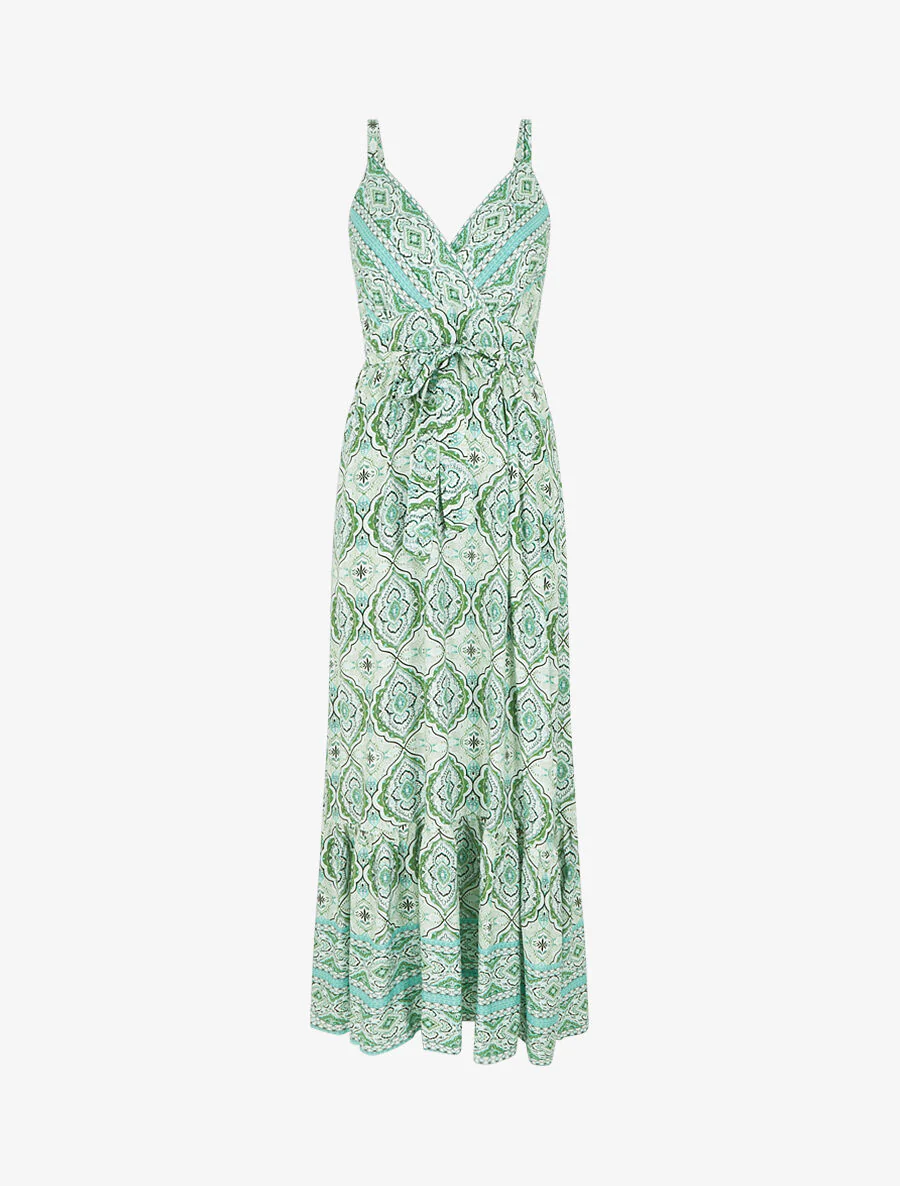 Robe longue évasée imprimé arabesque fleuri à bretelles - Vert