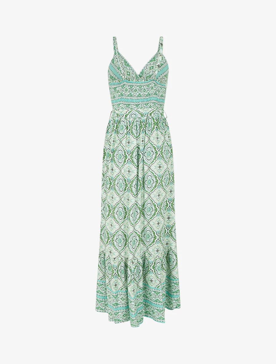 Robe longue évasée imprimé arabesque fleuri à bretelles - Vert - Image 2