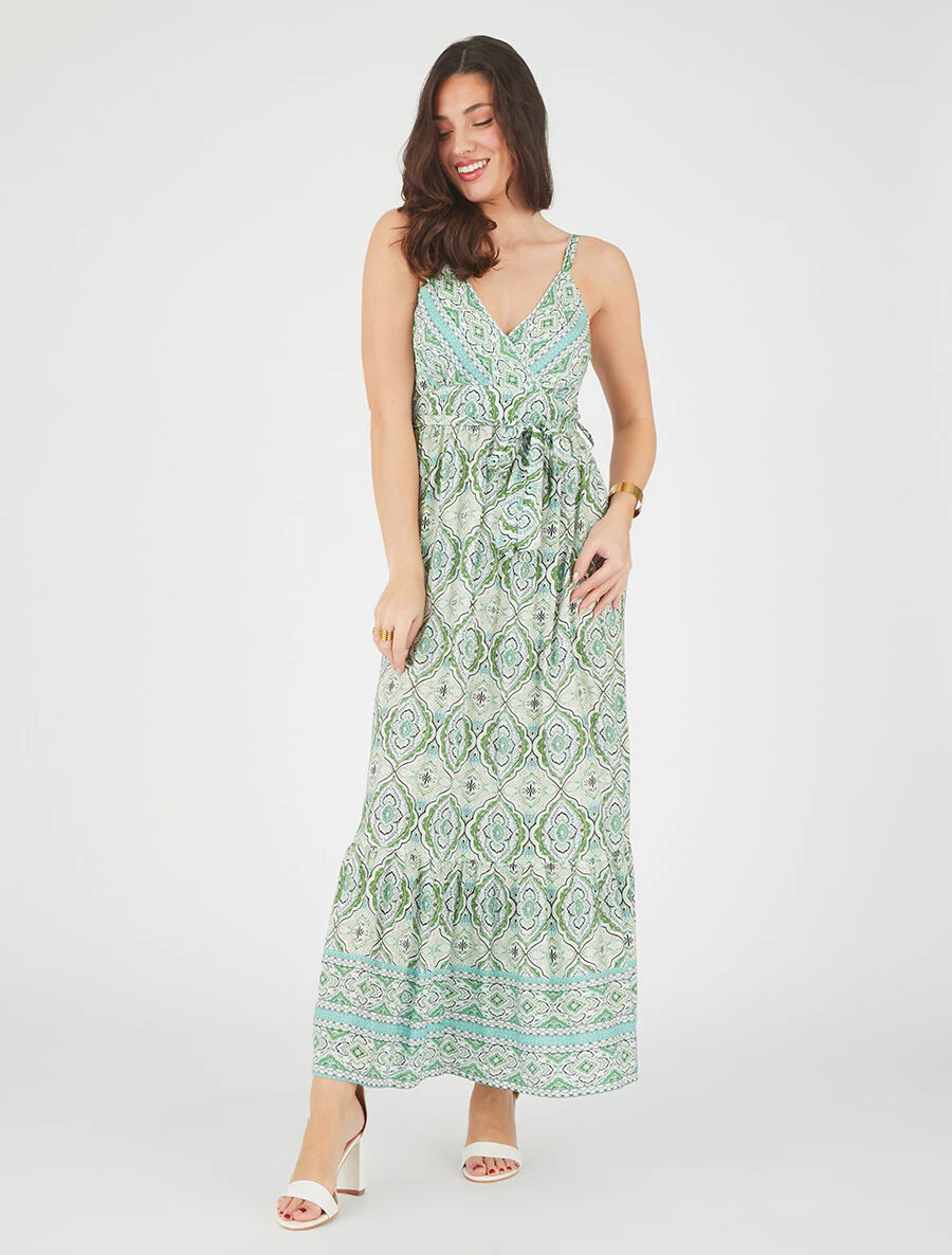 Robe longue évasée imprimé arabesque fleuri à bretelles - Vert - Image 4