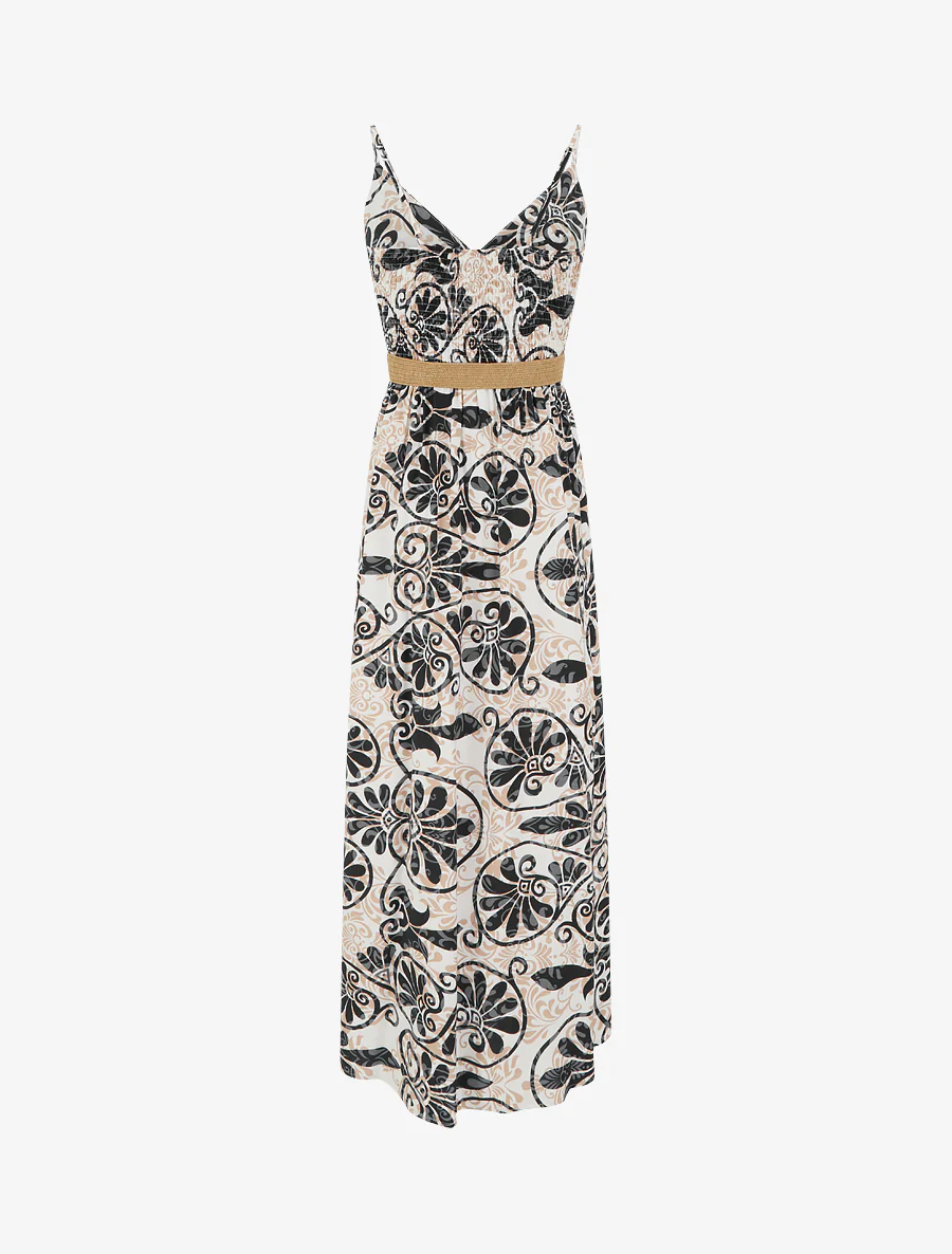 Robe longue évasée imprimé arabesques stylisés - Noir - Image 2