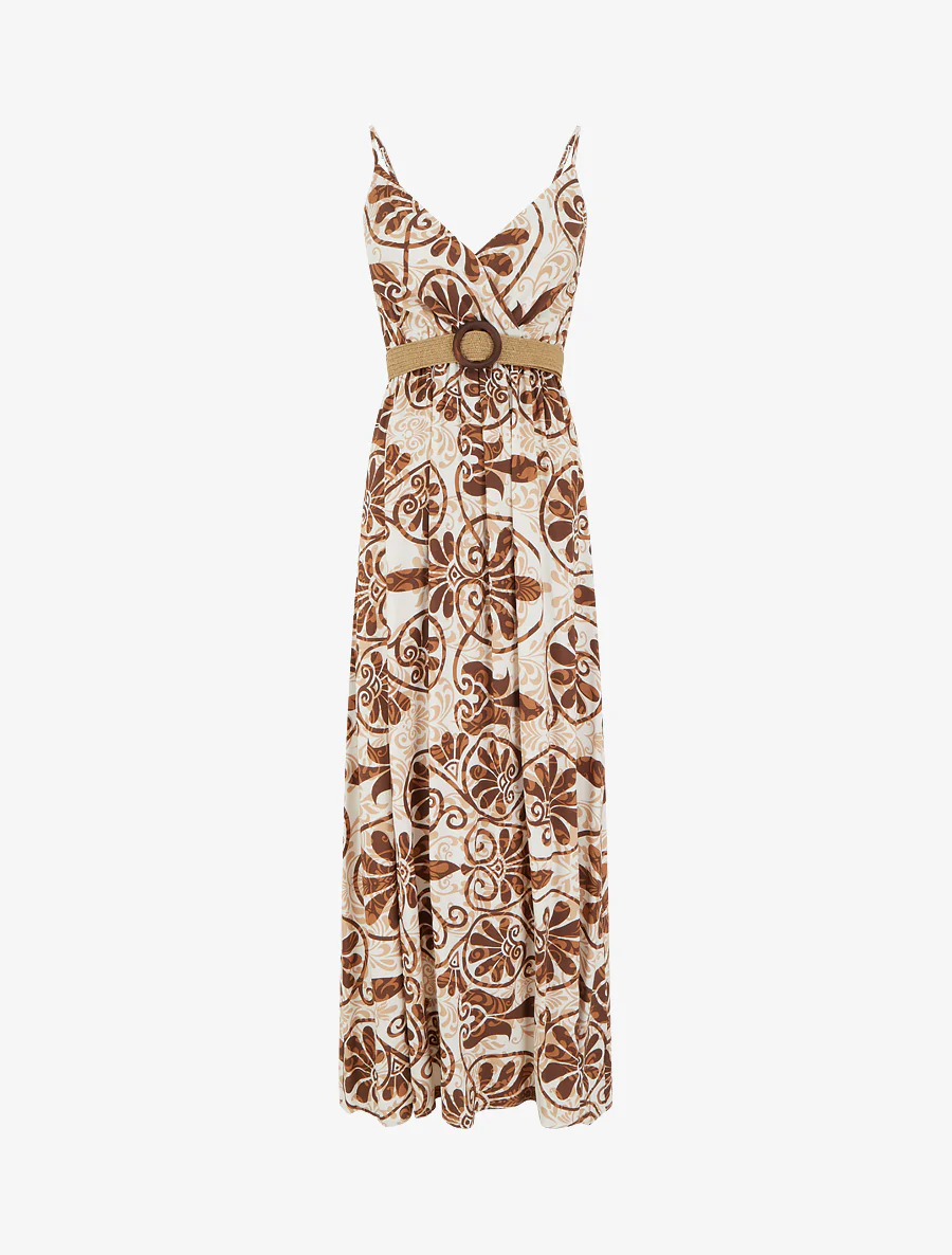 Robe longue évasée imprimé arabesques stylisés - Marron