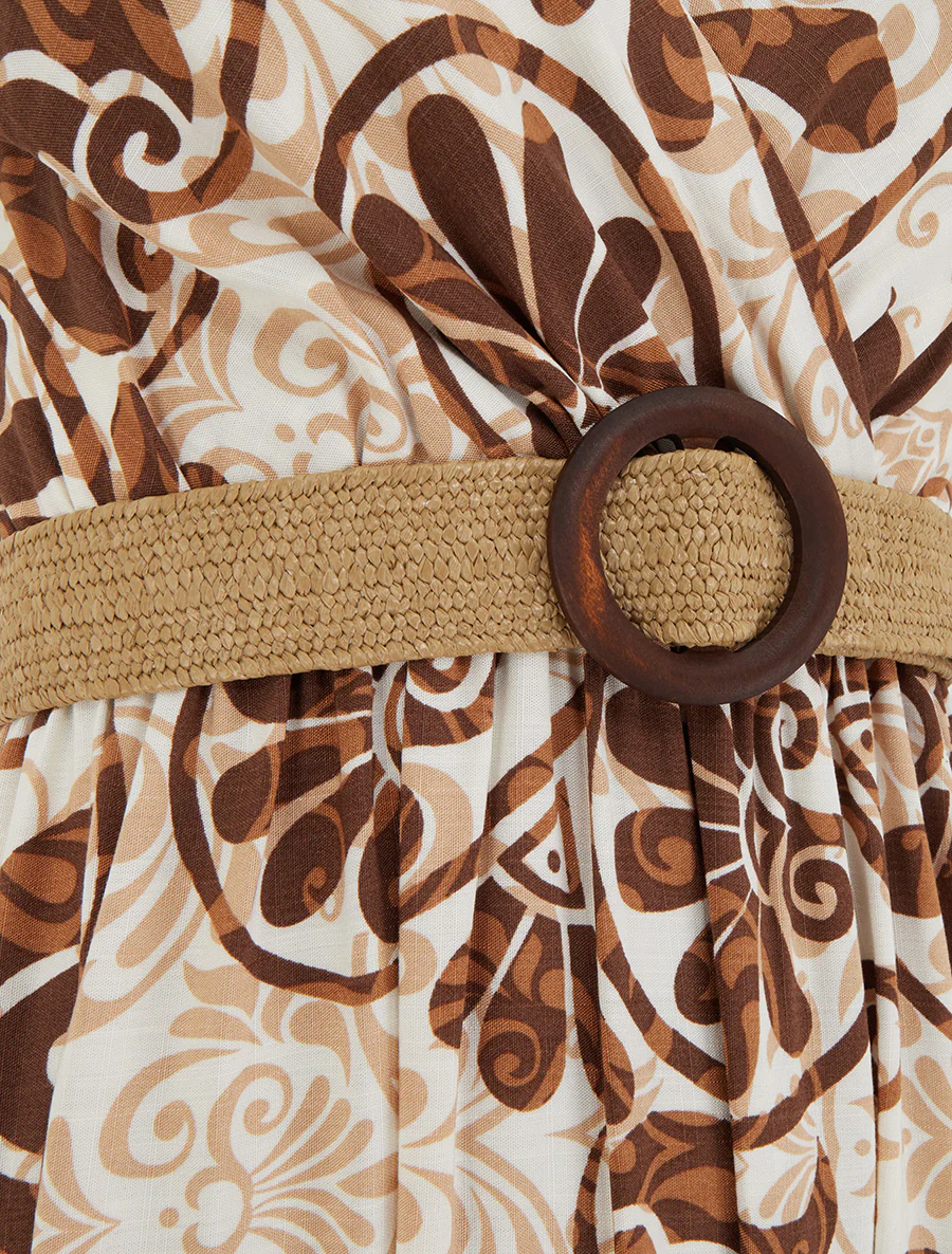 Robe longue évasée imprimé arabesques stylisés - Marron - Image 3