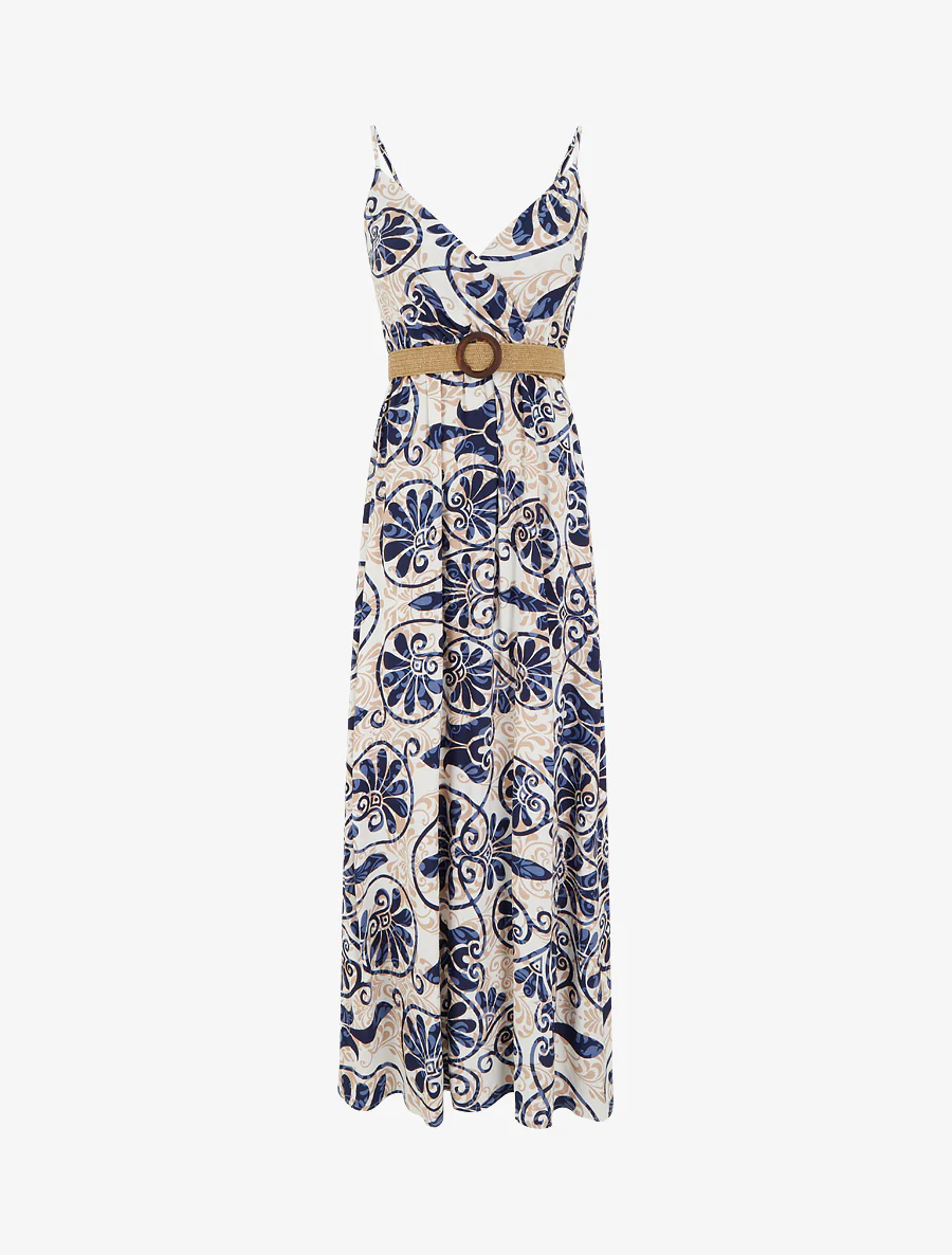 Robe longue évasée imprimé arabesques stylisés - Marine