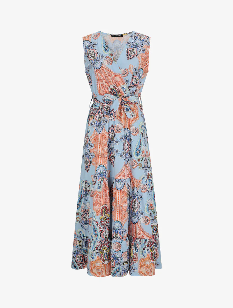 Robe longue évasée imprimé cachemire stylisé - Bleu ciel