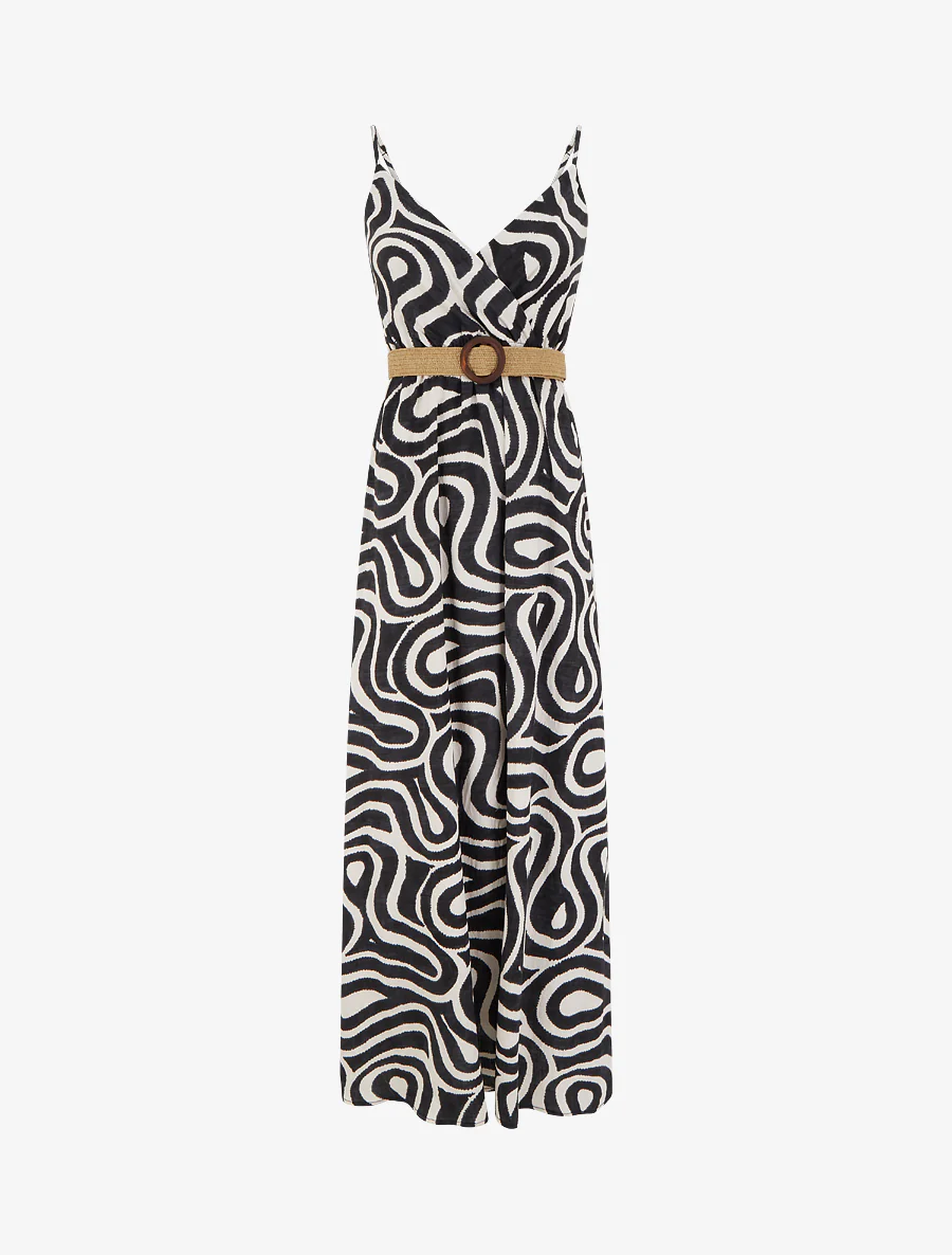 Robe longue évasée imprimé courbes fantaisies - Noir
